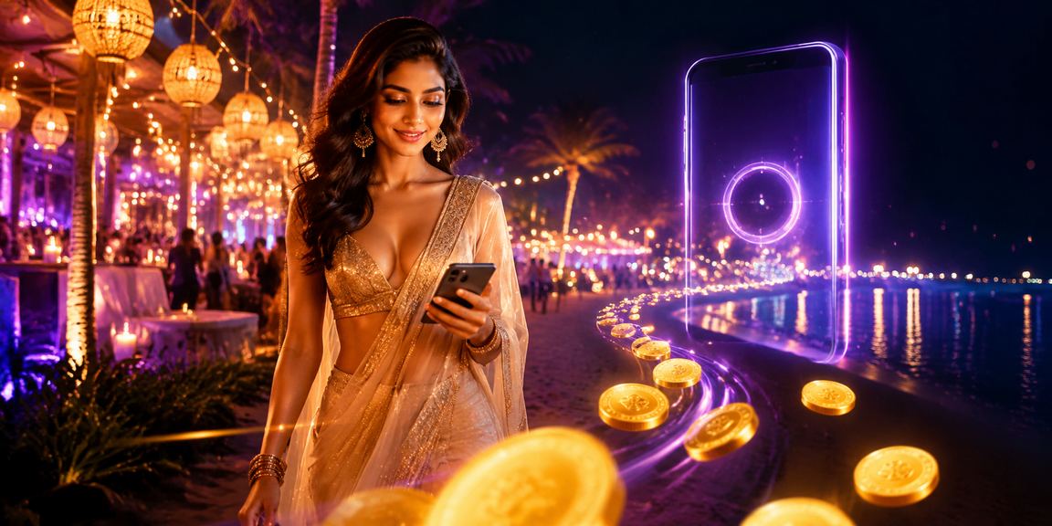 Mobile device displaying payment apps at Goa beach setting