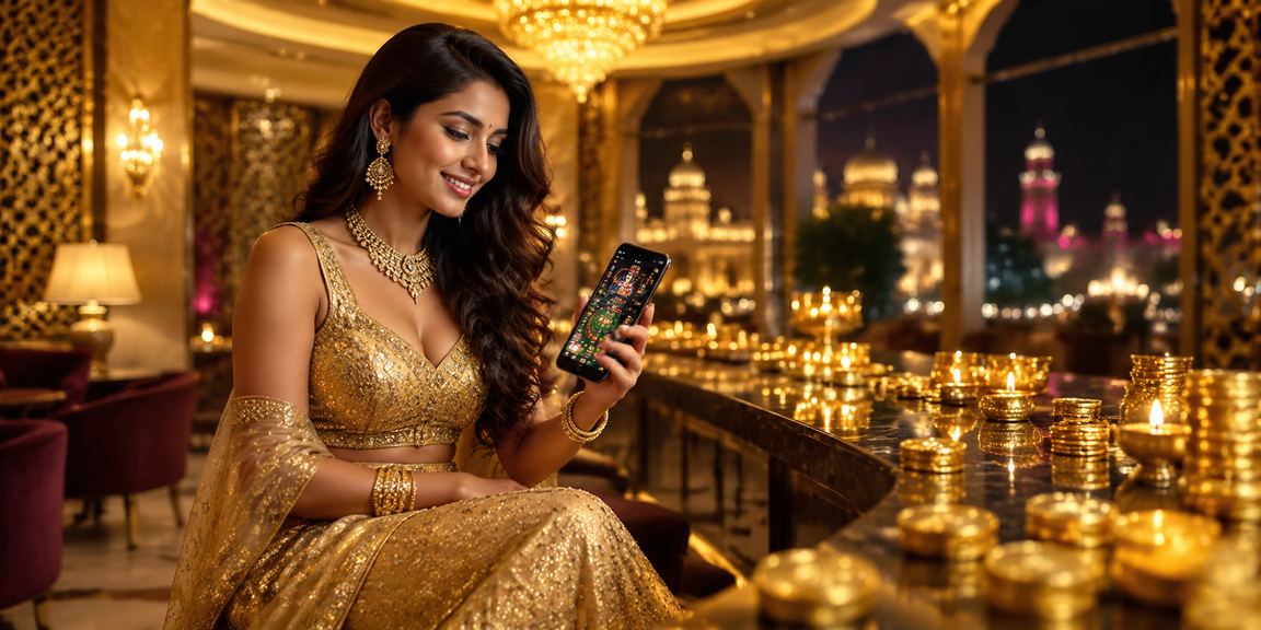 Indian woman playing casino slot game on smartphone in traditional dress