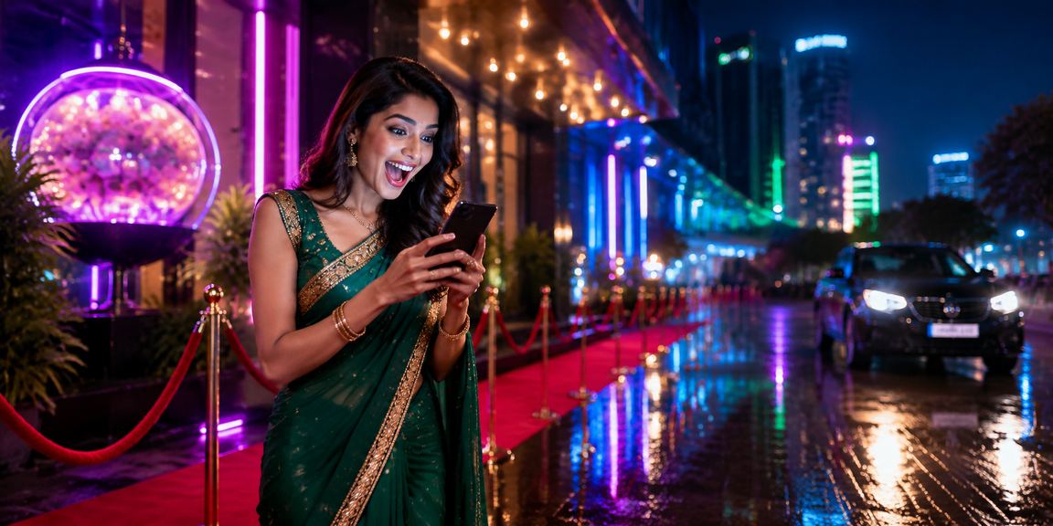 Woman checking lottery ticket results in traditional Indian clothing